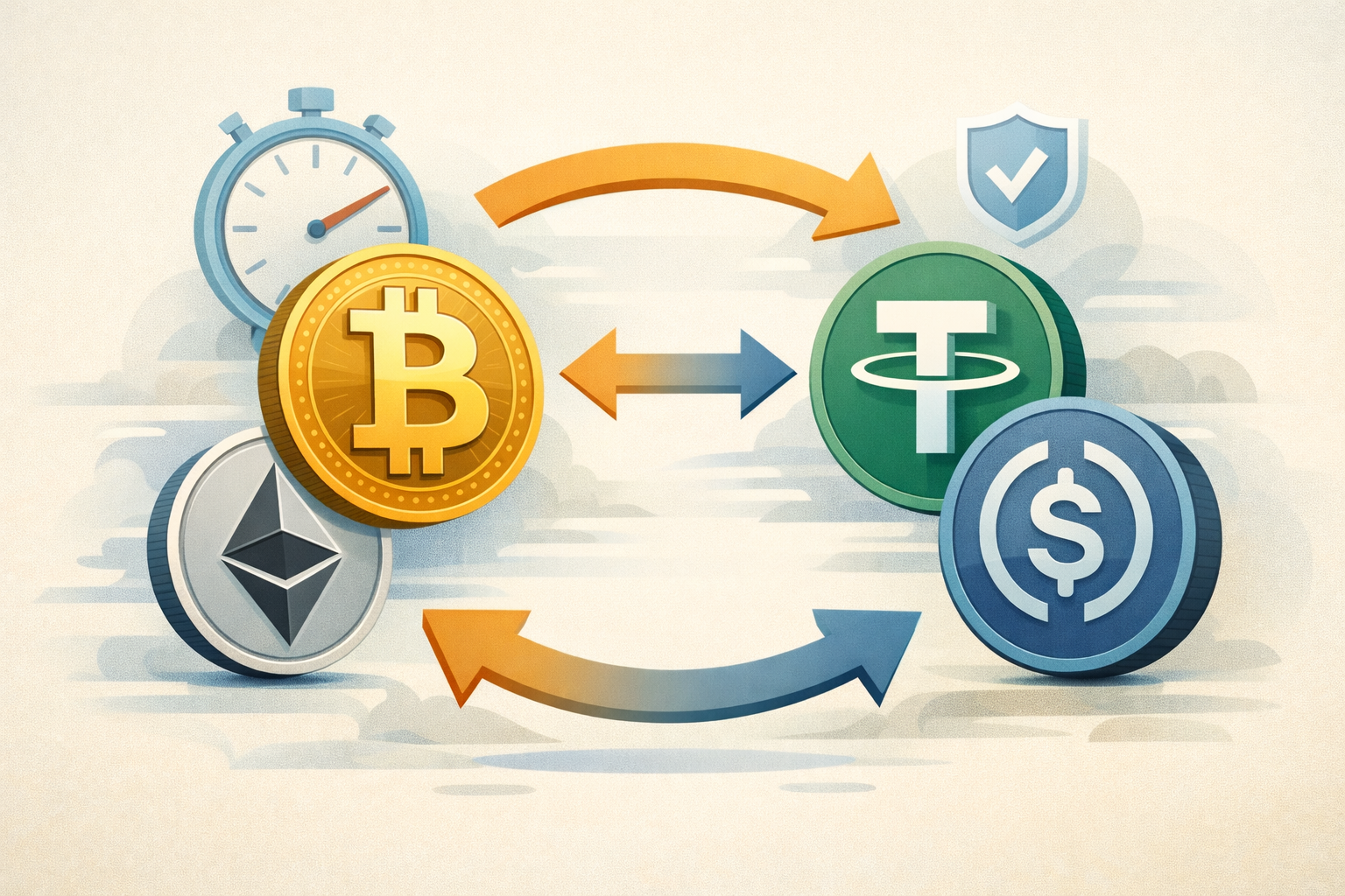 Fast cross-asset execution between majors and stablecoins