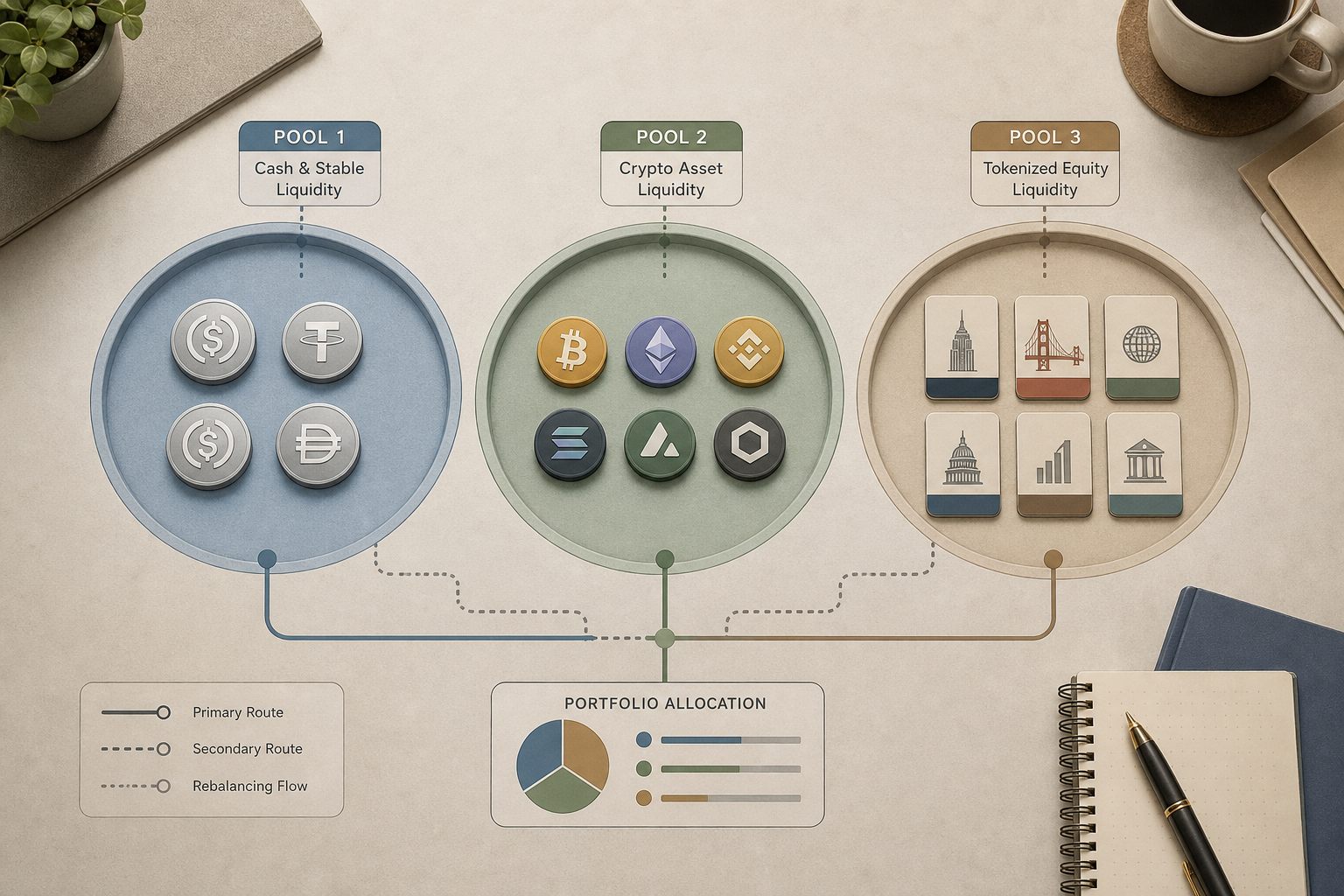 A portfolio workflow showing stablecoins, crypto assets, and tokenized equity exposure converging