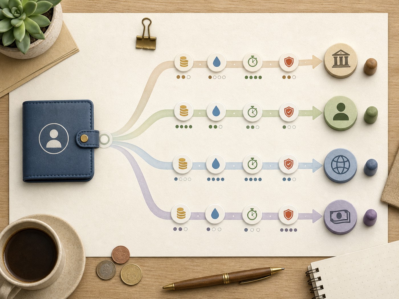 A clean conceptual map of payment rails splitting into several transparent routing paths