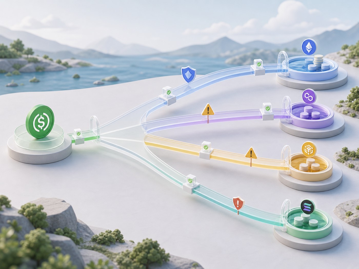 A regulated stablecoin rail branching into multiple transparent execution routes across wallets, chains, and liquidity venues