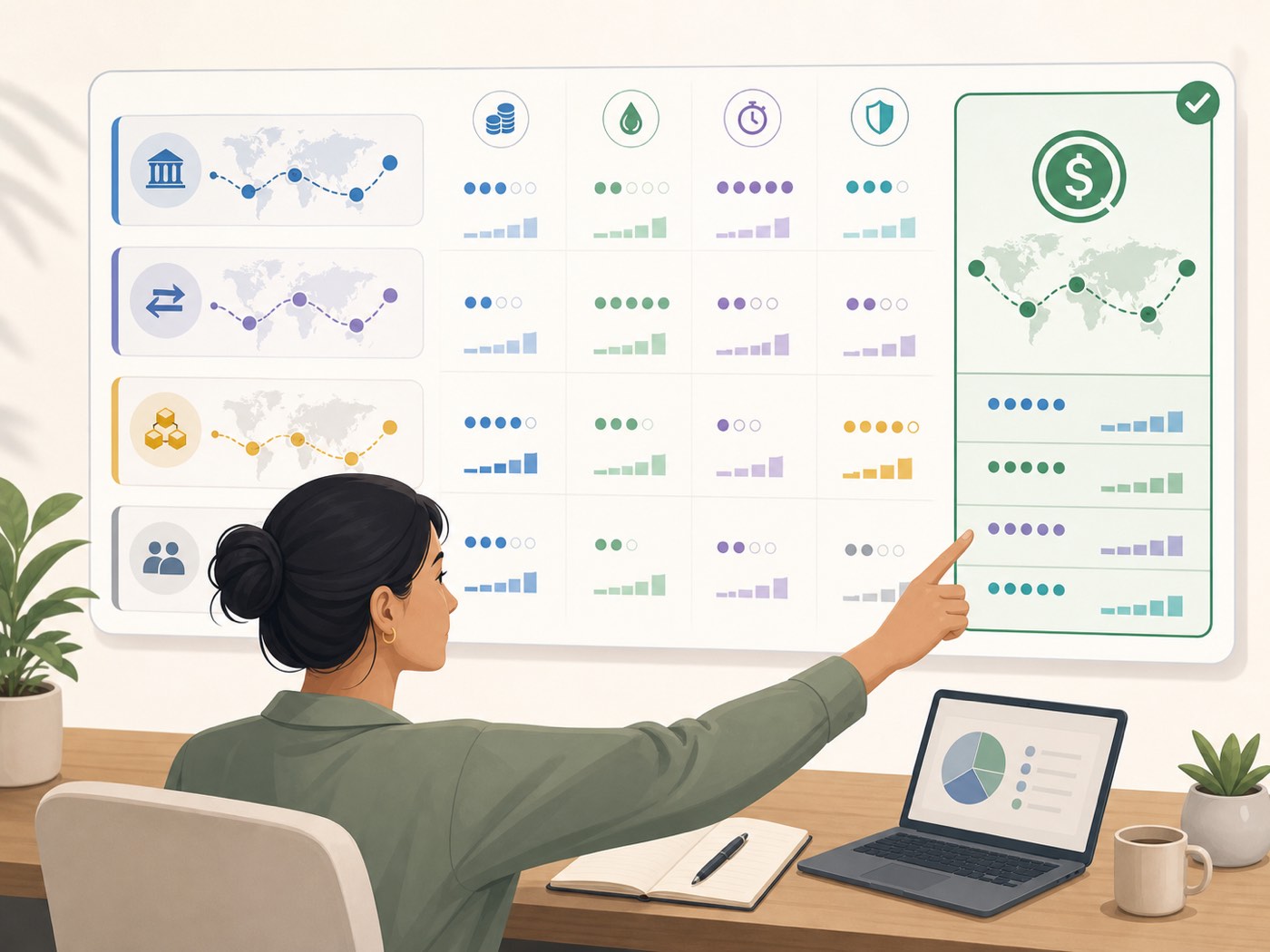 A clean execution dashboard comparing stablecoin routes by cost, liquidity, settlement time, and trust assumptions