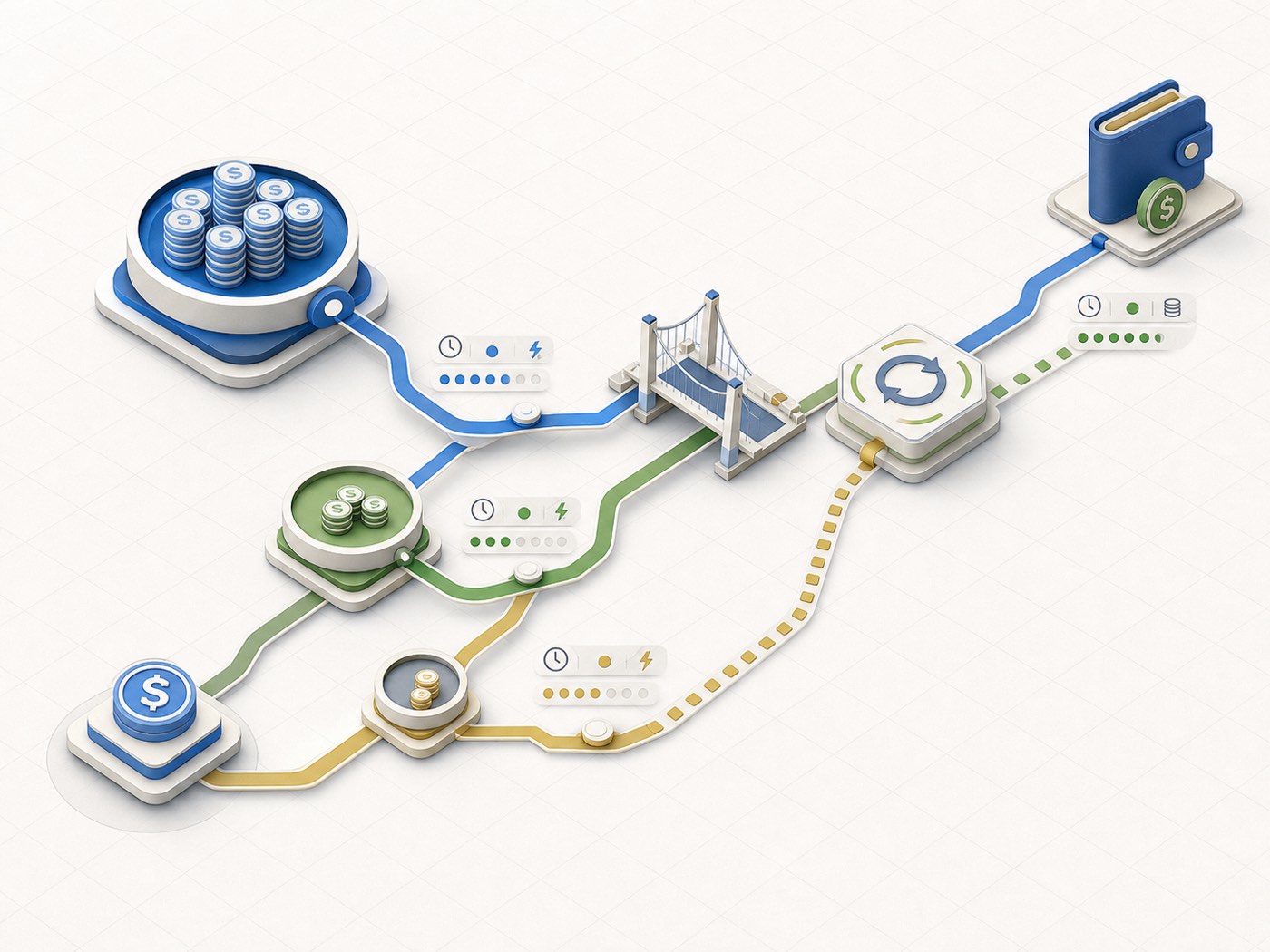 An isometric route map comparing liquidity pools, bridge steps, and destination wallet outcomes