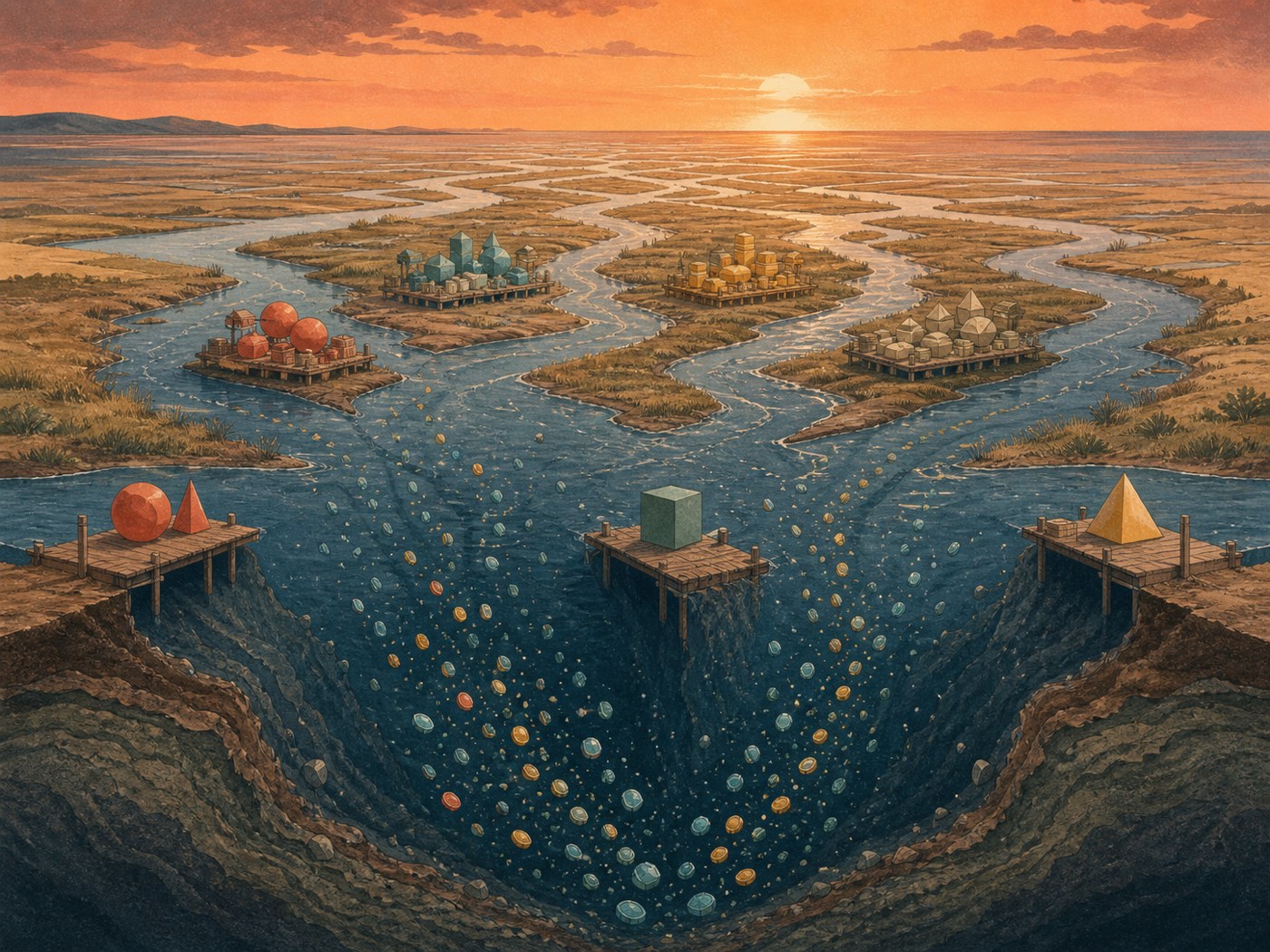 A river delta of token markets showing deep and shallow paths toward different exits