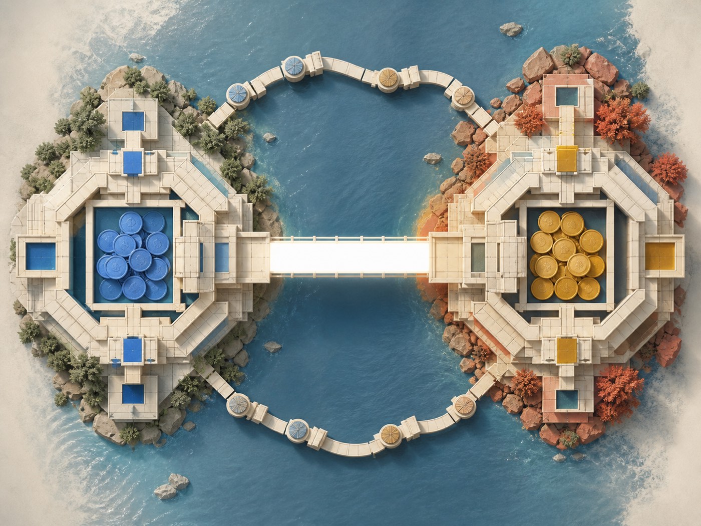 A native dollar asset moving between two clean blockchain islands through a direct route