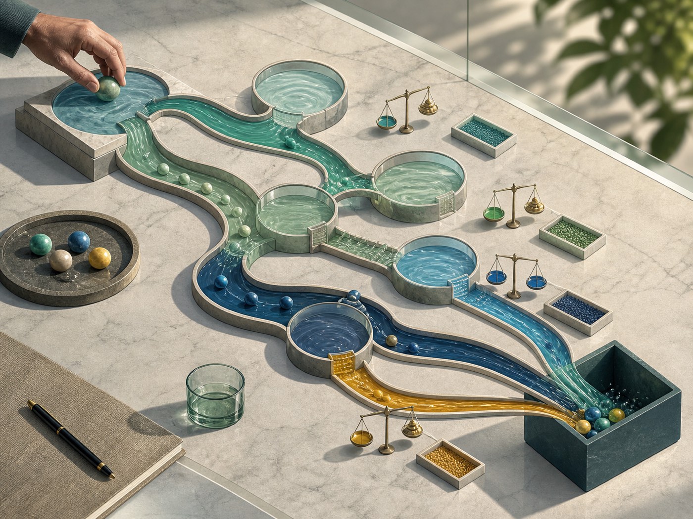 An overhead editorial route table shows several liquidity channels with different depths, balances, and destination paths