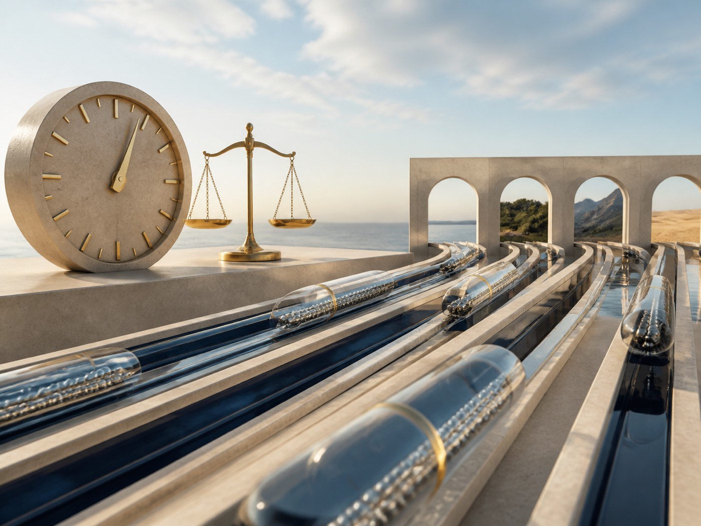 Transparent settlement rails carry different assets toward several destinations beside a timing dial and balance scale