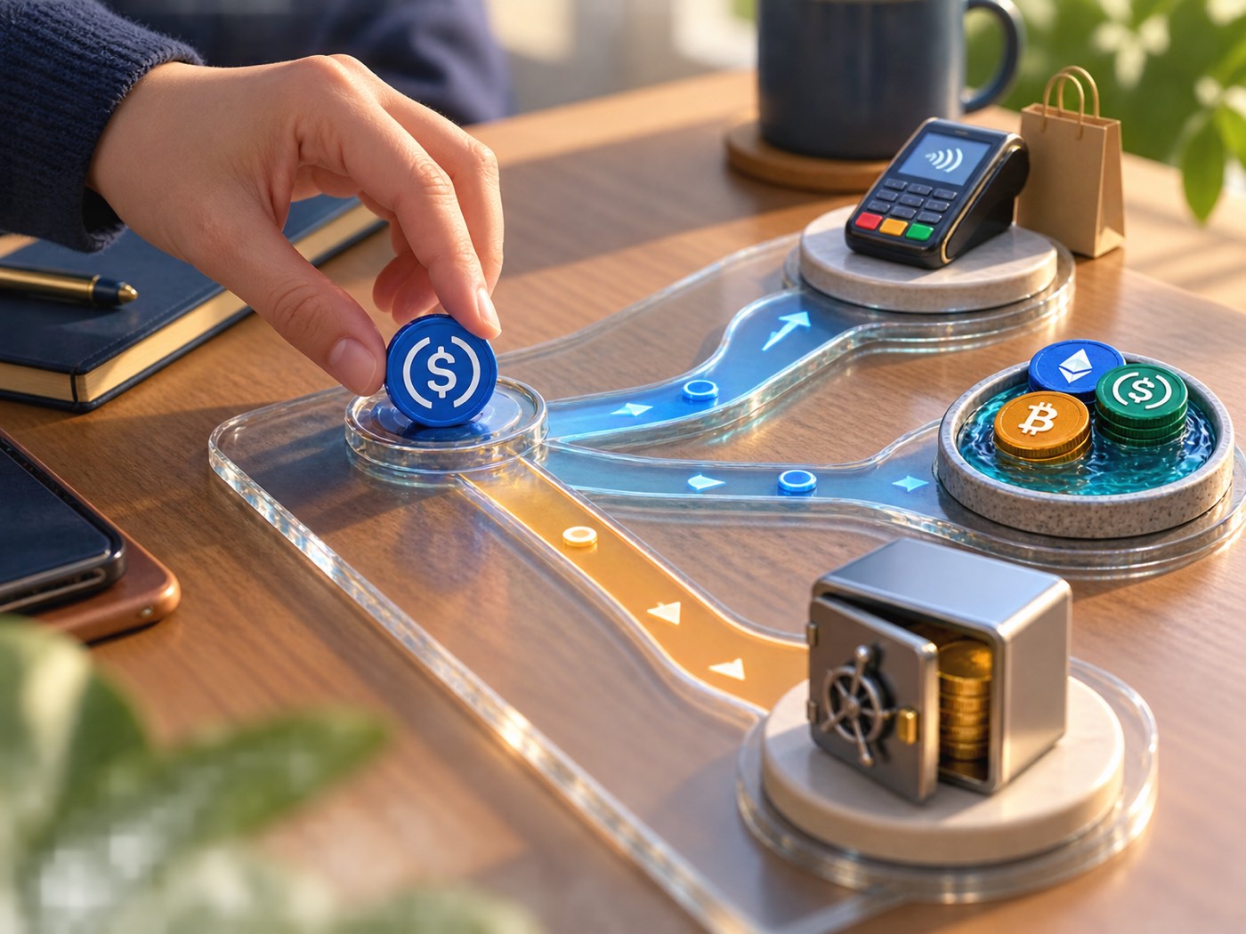 An editorial close-up of route cards connecting a stablecoin balance to payment, trading, and savings destinations