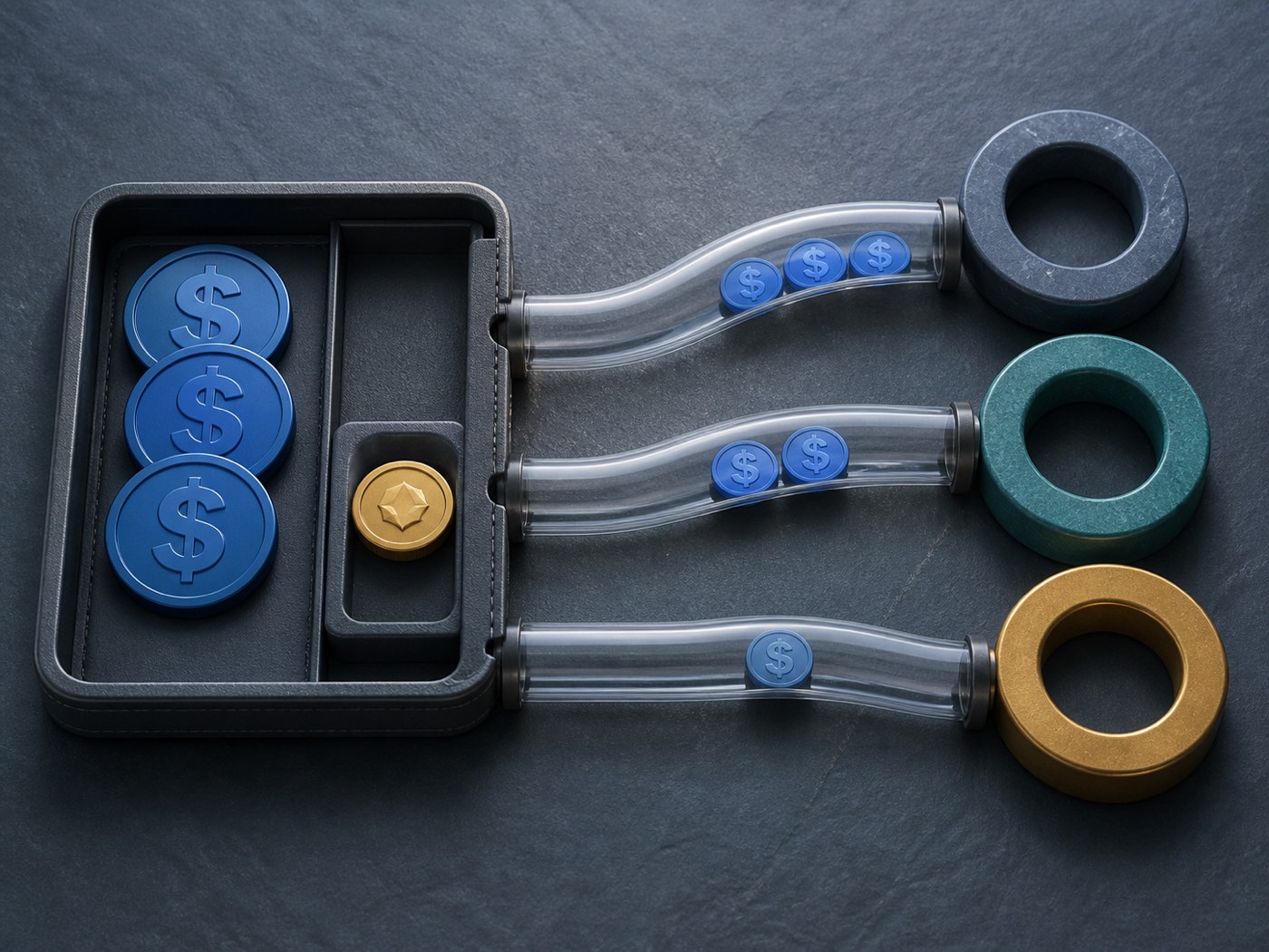 A clean editorial illustration shows a blue dollar coin entering a gold routing compass and branching toward three network destinations
