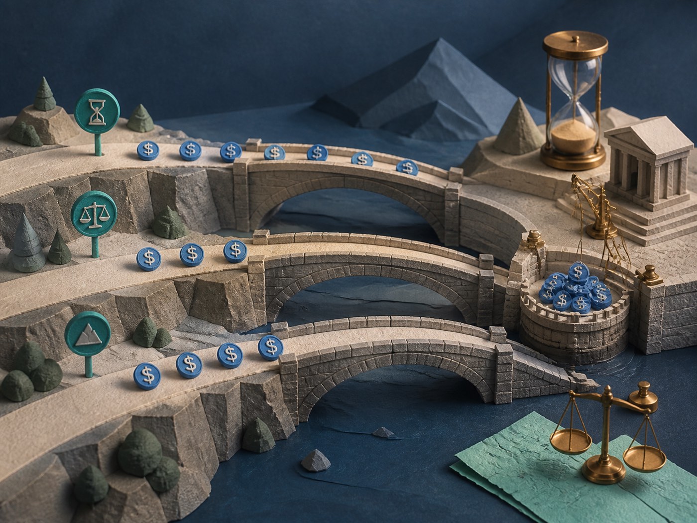 A wide editorial scene shows three stone bridges carrying blue dollar coins toward a settlement harbor with an hourglass and balance scale