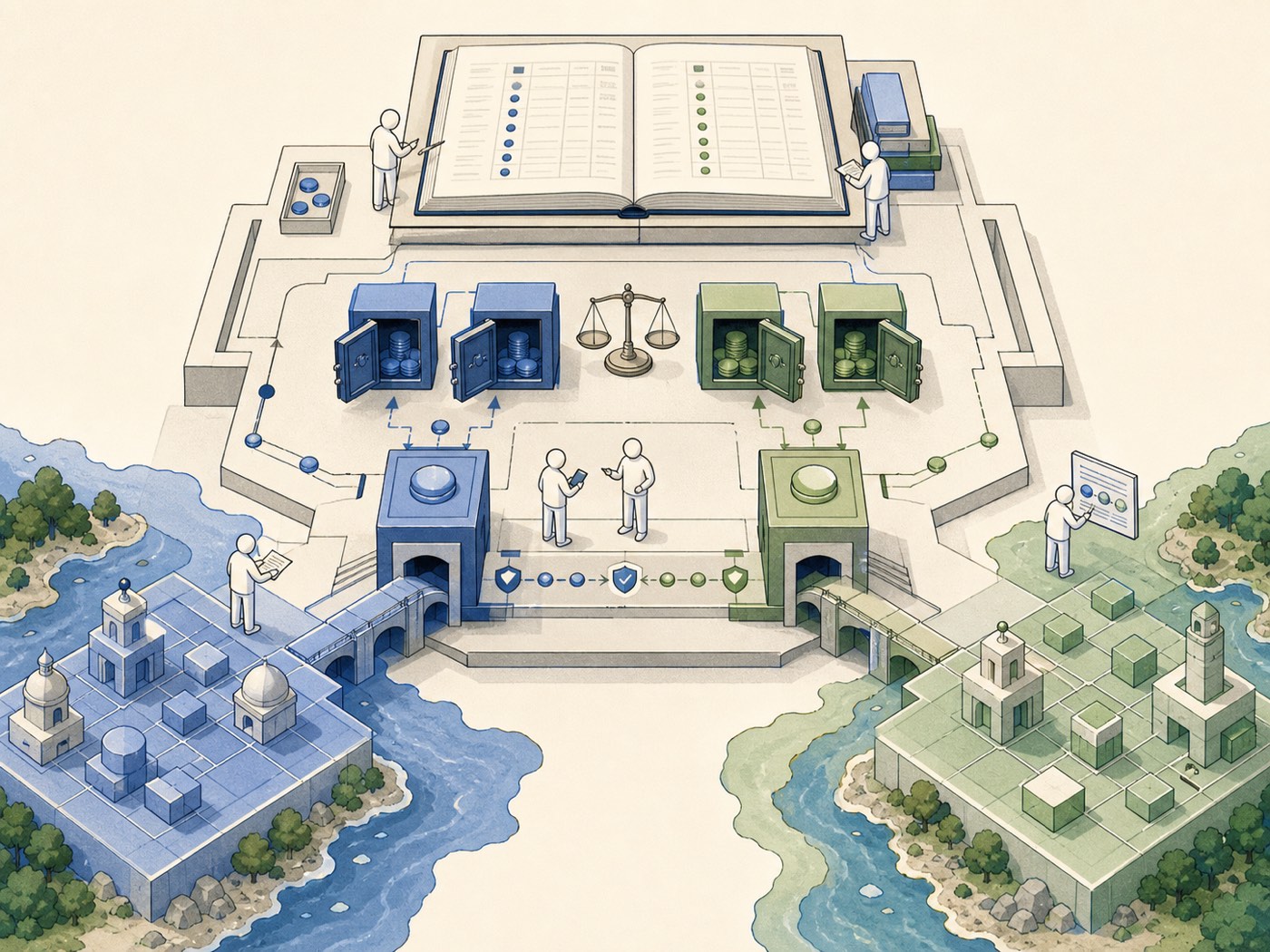 Editorial illustration of two blockchain networks connected by a bridge under a route health review