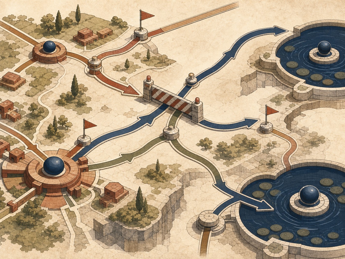 Top-down editorial map of alternate asset routes around a paused bridge, with liquidity pools and verification markers