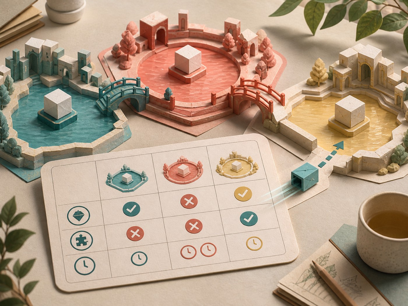 Editorial illustration of three blockchain settlement environments with a route planner comparing token identity and destination compatibility
