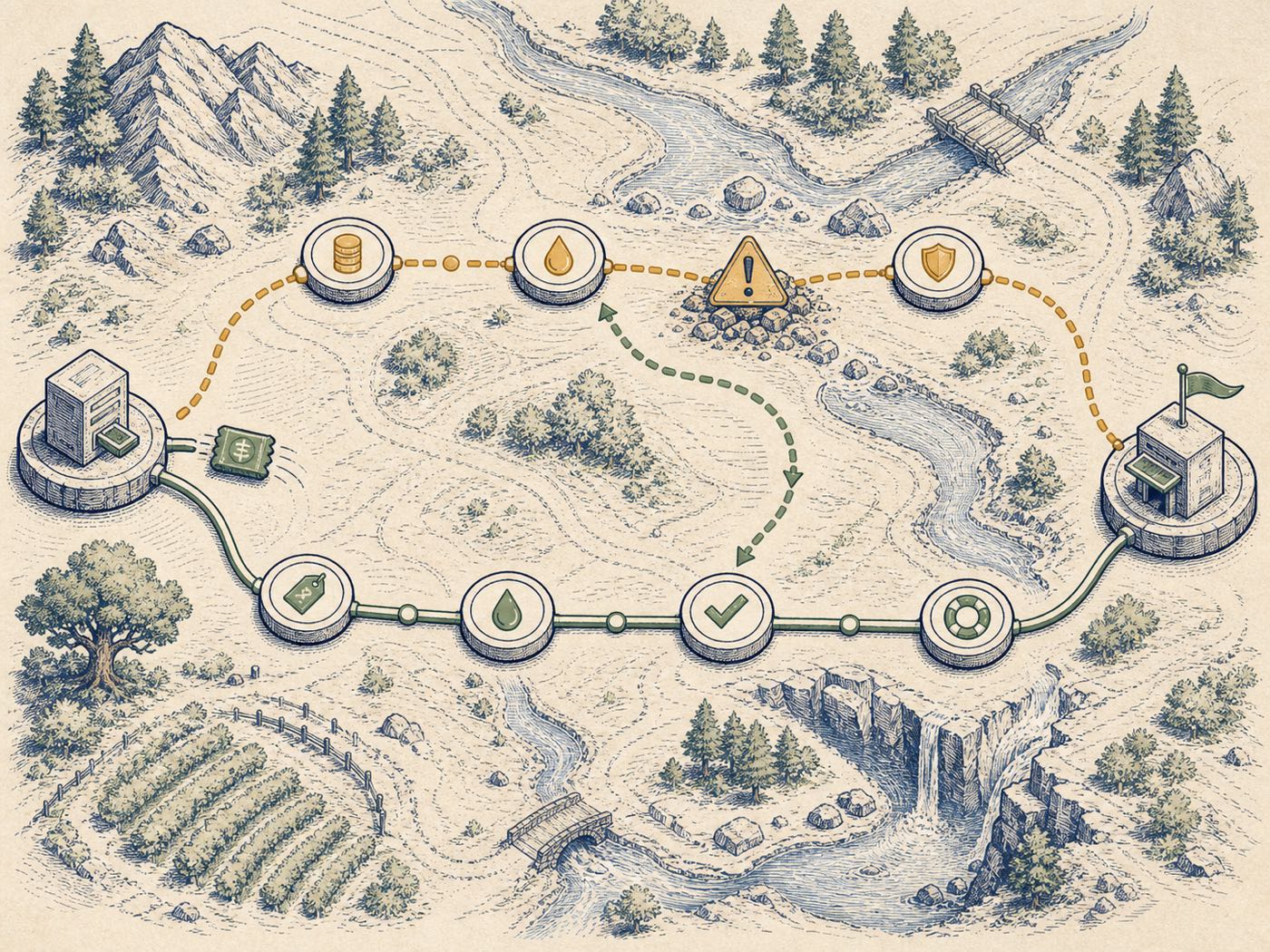 Top-down editorial map of a failure-aware stablecoin payment route with fee, liquidity, confirmation, and fallback checkpoints