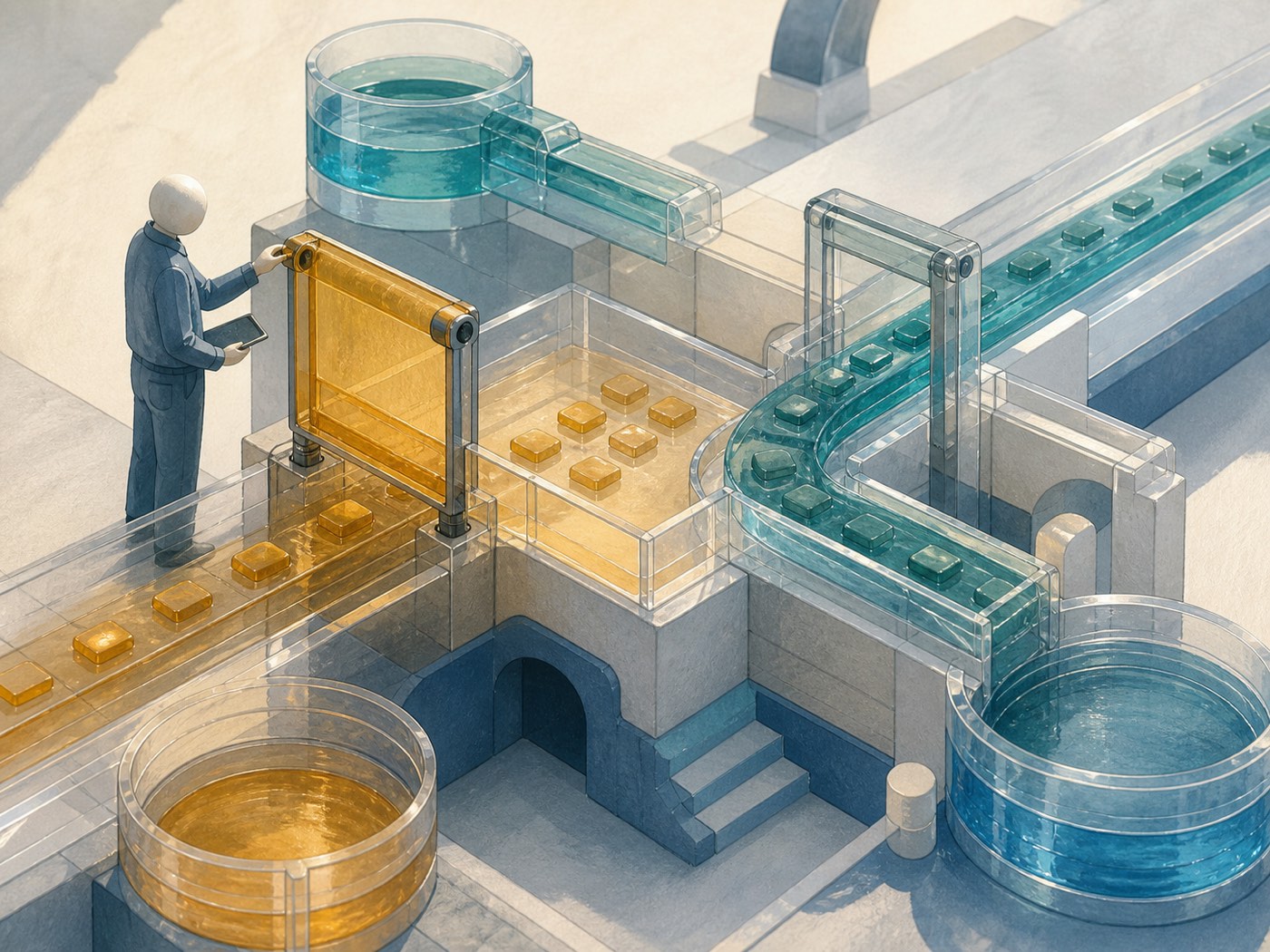 Editorial illustration of cross-chain route gates with one path paused and other liquidity channels still visible