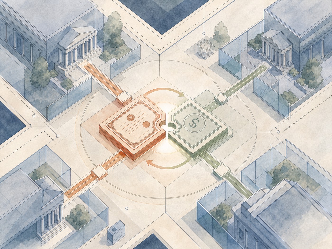 Editorial illustration of distinct dollar settlement paths converging at a route-selection junction