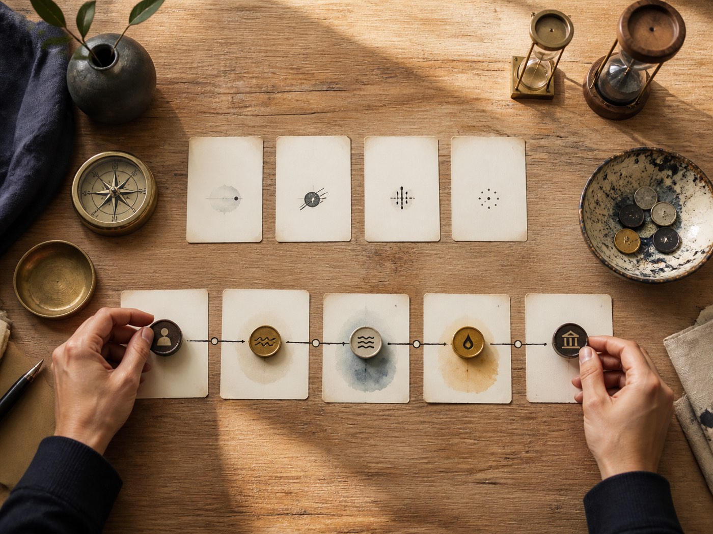 A top-down editorial scene of a treasury desk comparing transfer modes, destination actions, fees, and timestamps for an Aptos route