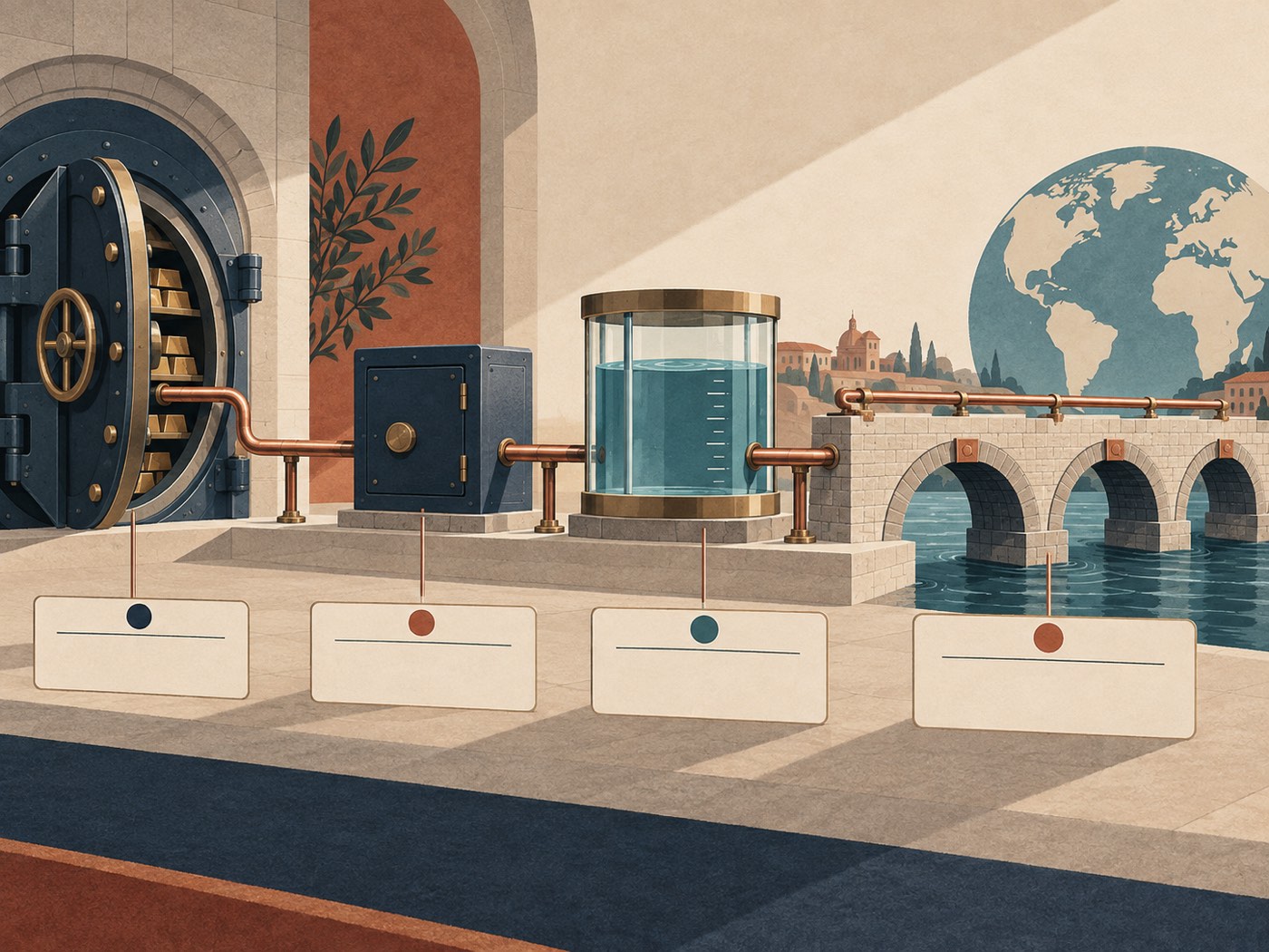 Editorial illustration of stablecoin settlement rails connecting banking and payment infrastructure