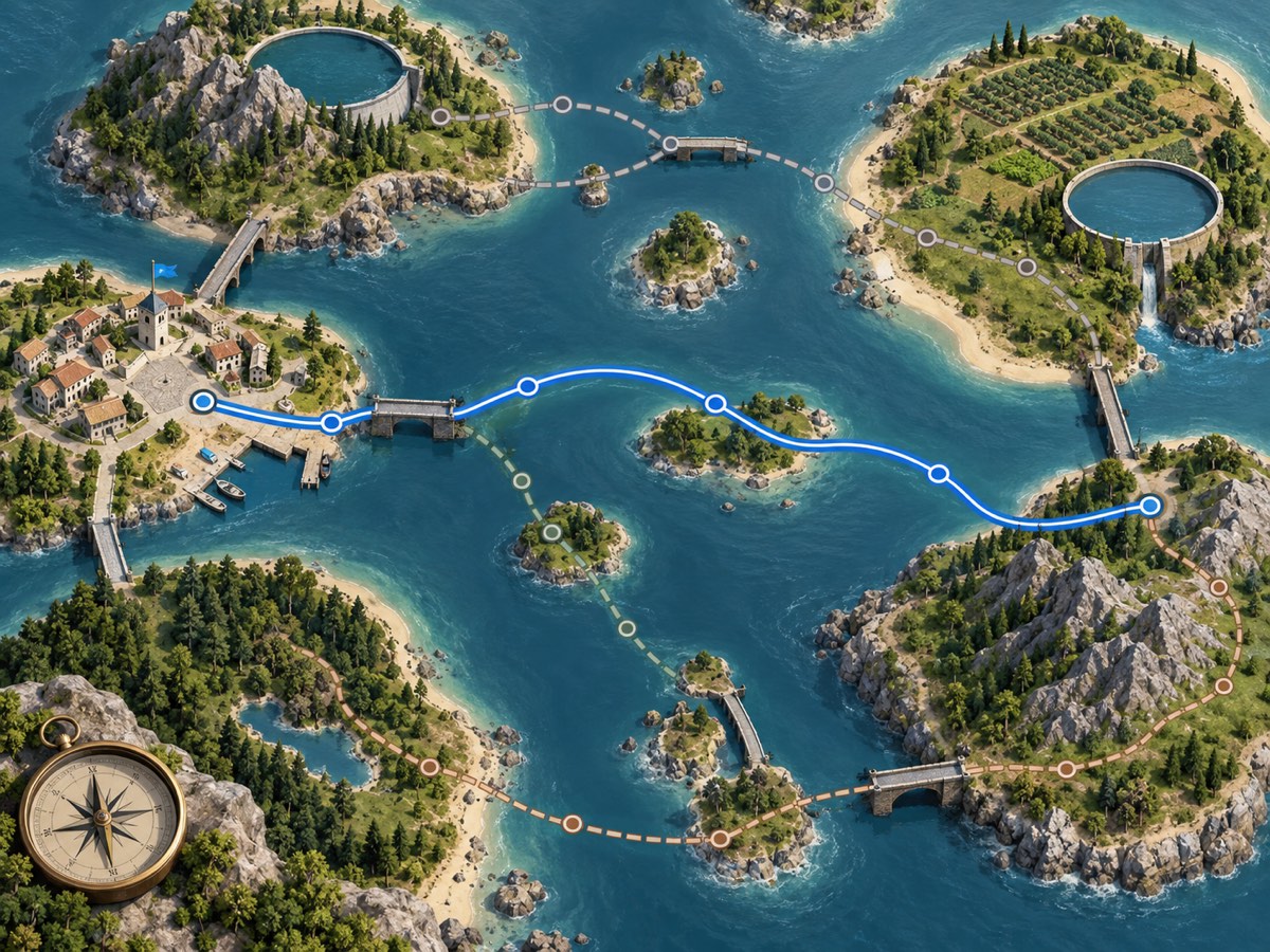 Top-down editorial map showing multiple settlement routes, bridges, reservoirs, and one highlighted path