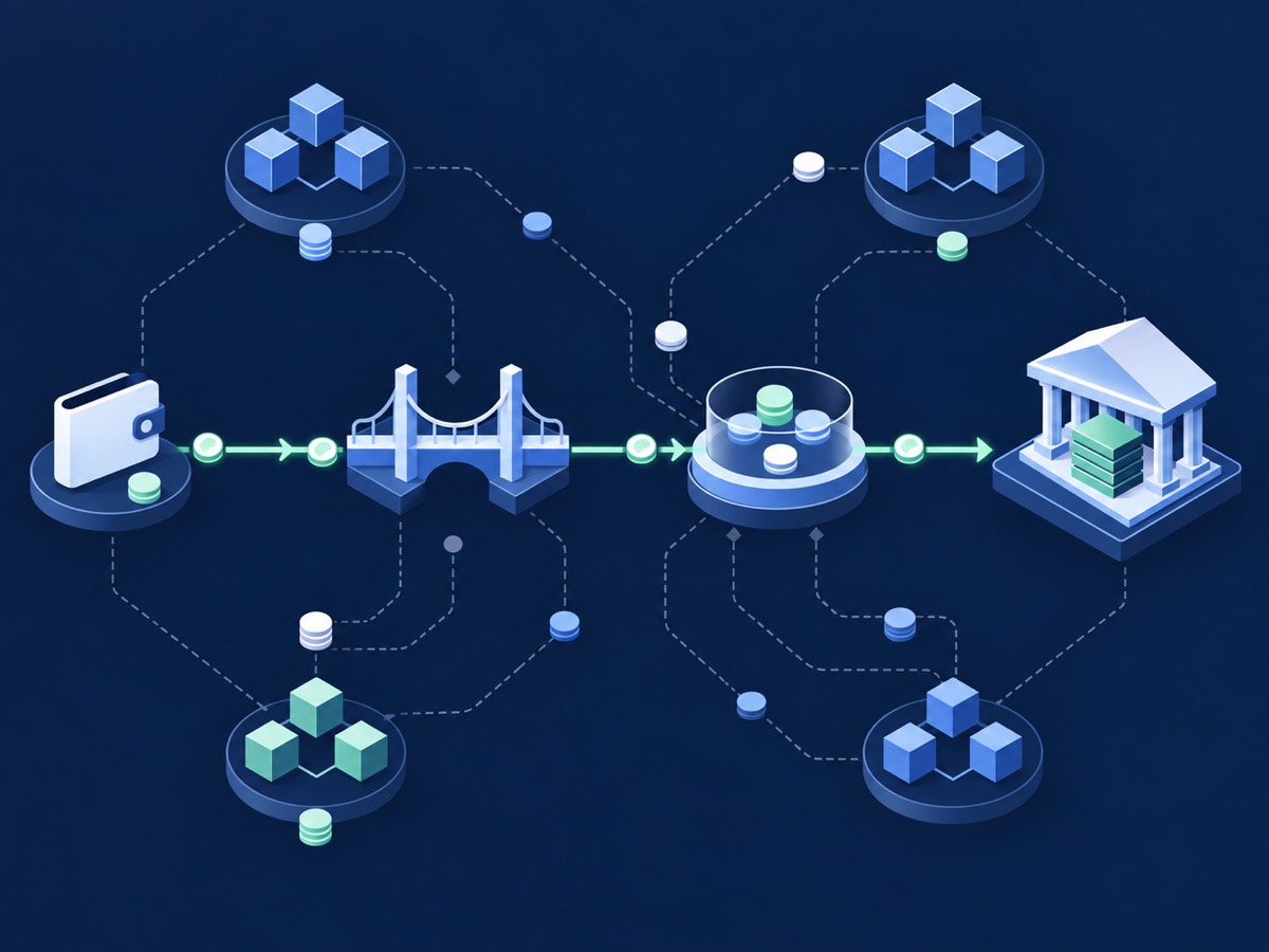 Editorial illustration of a stablecoin settlement hub connecting institutional desks, liquidity pools, and cross-chain rails