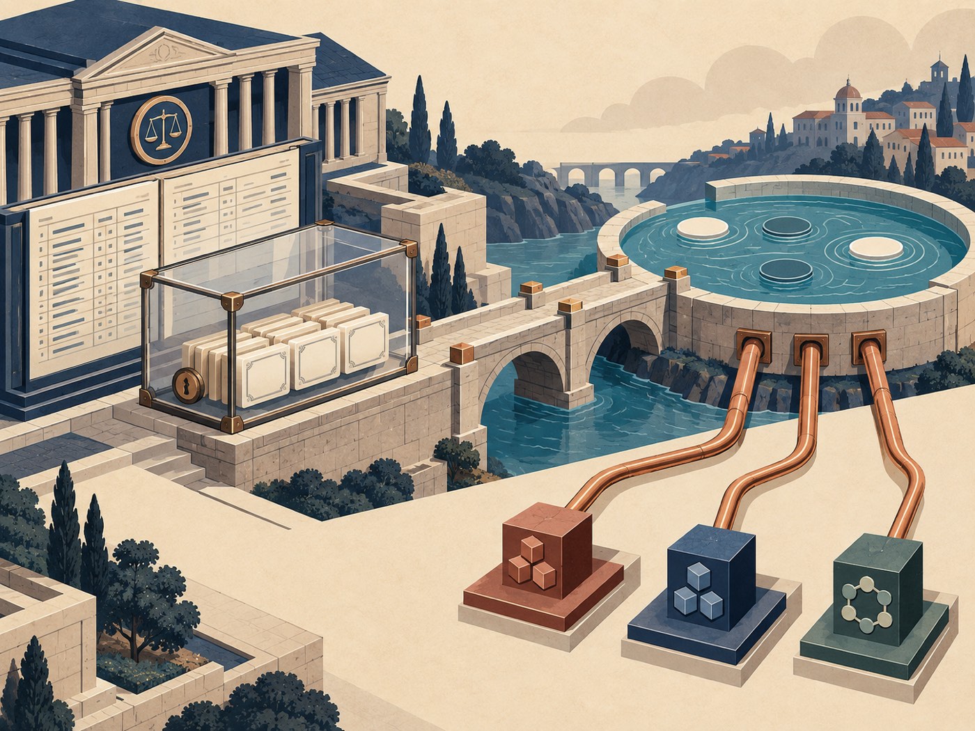 Editorial illustration of tokenized assets moving from a regulated market ledger into a decentralized liquidity pool