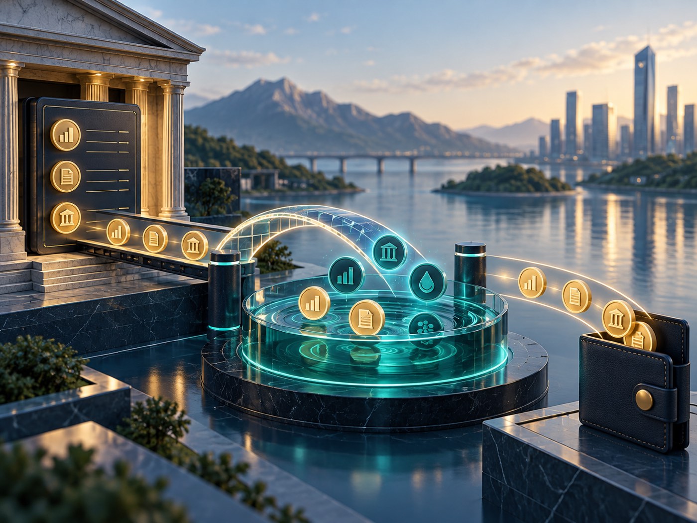 Editorial illustration of a Stock Token route connecting a market ledger, a liquidity pool, and a settlement receipt