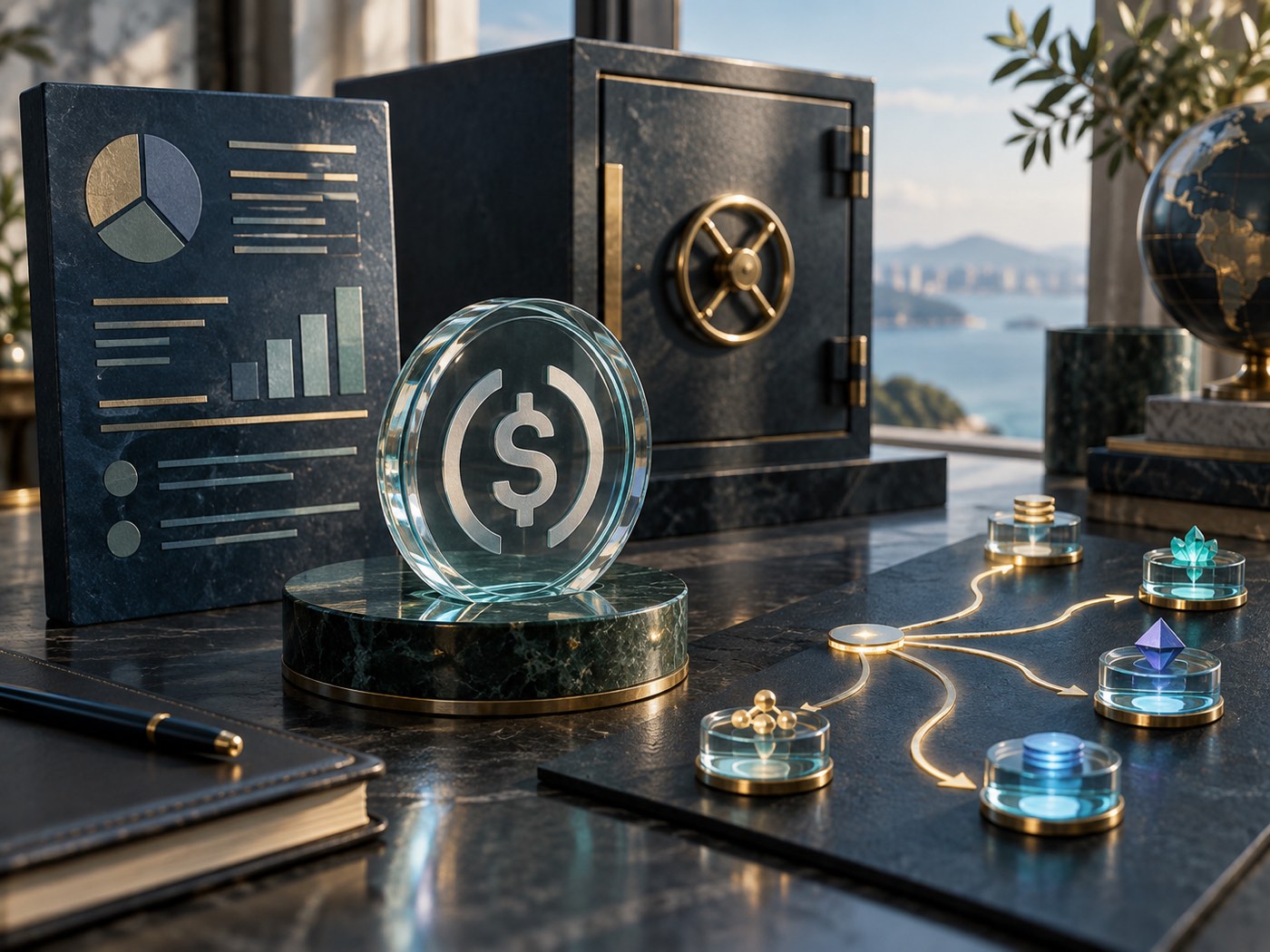 Editorial illustration of stablecoin liquidity channels converging into a transparent settlement route