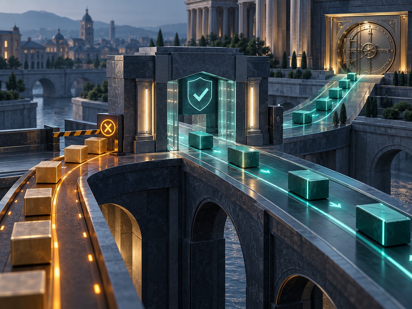 A transaction flow paused at a verification gate before settlement